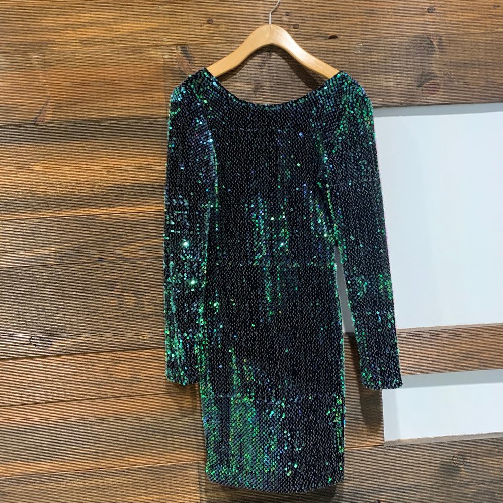 MOTEL DELUXE Gabby Green Sequin Plunge Back Dress